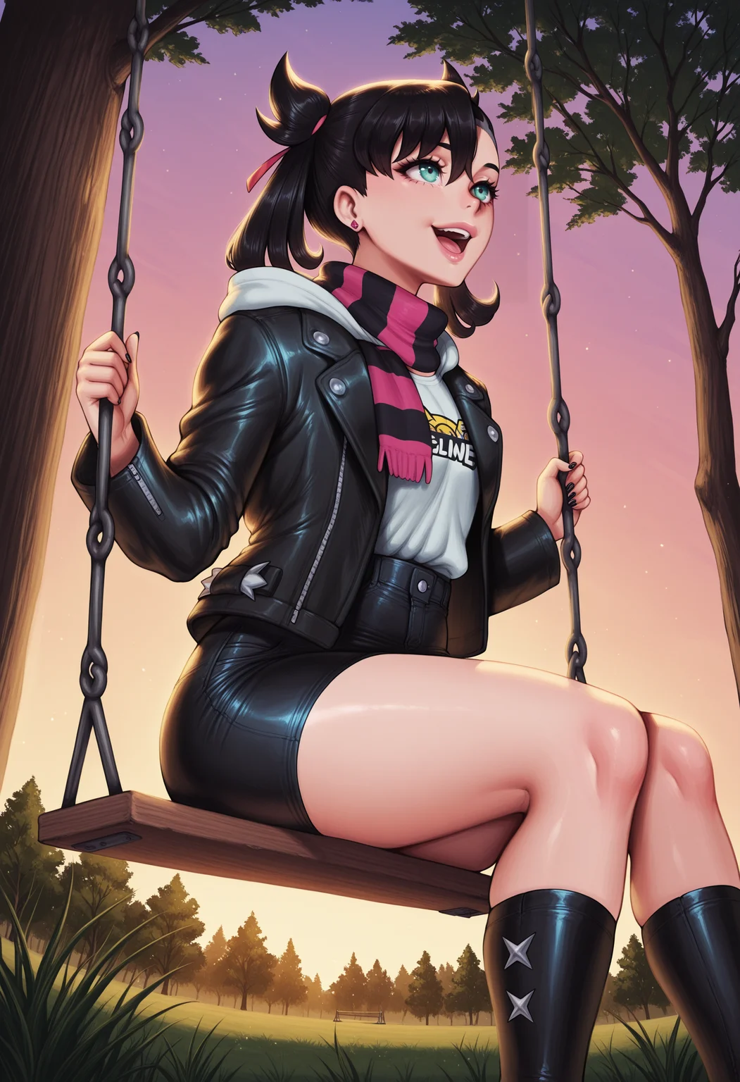 <lora:kinkyqueen:1>, kinky queen style,masterpiece, highres, absurdres,amazing quality, best quality, detailed background, 8k, 1girl, marnie (pokemon),black jacket,black skirt,denim,evening,flipped hair,hair between eyes,hair ornament,hood,hoodie,jacket,jeans,kneehighs,long sleeves,looking up,open clothes,open jacket,open mouth,outdoors,pants,park,,shirt,short hair,sitting,skirt,sky,smile,socks,swing,tree,two-tone scarf