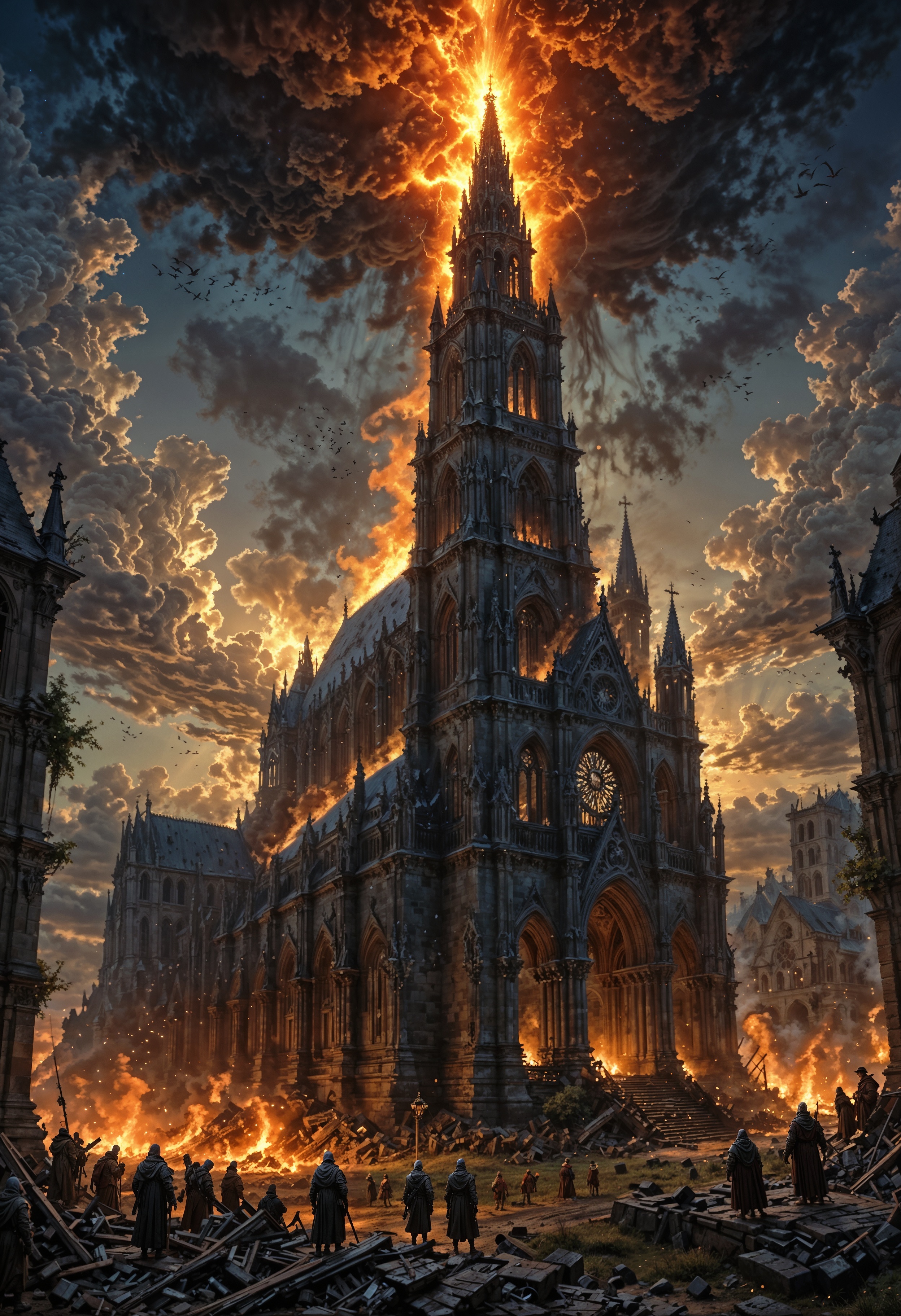rural country, apocalyptic fantasy, silver flame, glowing cathedral, divine light, burning skyes, mmo, digital art, 4 k, art by gustave dore, hiremius bosch <lora:EpicF4nta5yXL:0.8>