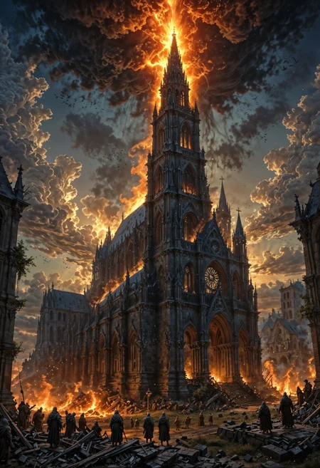 rural country, apocalyptic fantasy, silver flame, glowing cathedral, divine light, burning skyes, mmo, digital art, 4 k, art by gustave dore, hiremius bosch <lora:EpicF4nta5yXL:0.8>