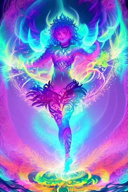 A shaman girl dances in the snow, beats a tambourine. The night sky with the aurora borealis (An image with very contrasting and vivid psychedelic colors) (OverallDetail, DaSa, psychedelic)