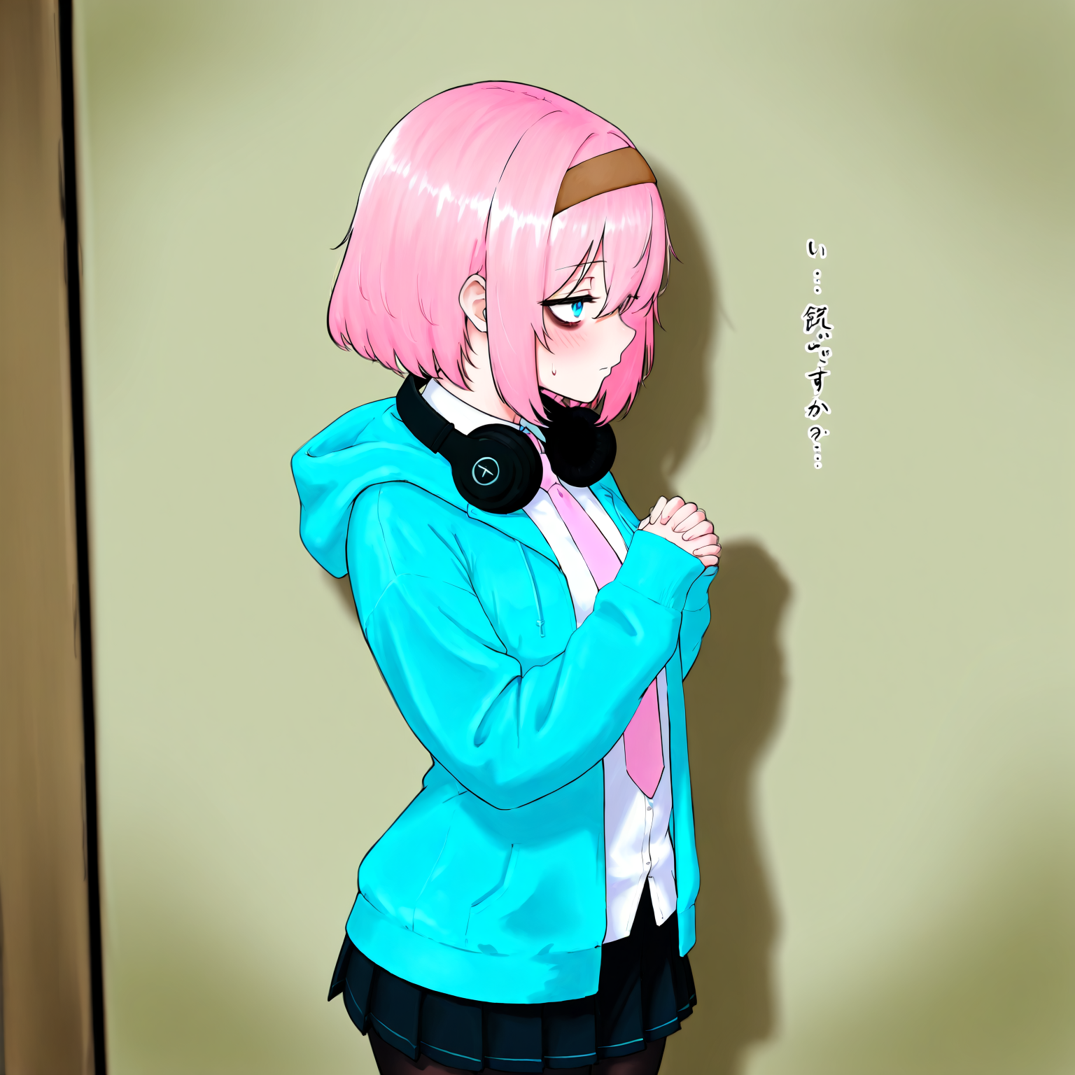 masterpiece, best quality, amazing quality, very aesthetic, absurdres,  newest, scenery,, 1girl, 
solo, pink hair, blue eyes, short hair, jacket, blue hoodie, bags under eyes, tired, cosplay, white background, hairband, long sleeves, skirt, shipgirl \(cosplay\), looking at viewer, standing, closed mouth, blush, headphones around neck, open clothes, hood, brown hairband, expressionless, hood down, pleated skirt, black pantyhose, shirt, drawstring, hair between eyes, jitome, white shirt, dress shirt, simple background, collared shirt, sleeves past wrists, black skirt, borrowed character, open jacket, necktie, miniskirt, hoodie, sidelocks, headphones, pantyhose, watercraft, pink necktie, cowboy shot, hair ornament, blue jacket, hands up, ship, sweatdrop, sleeves past fingerwear, solo focu,
profile, kitsune_no_mado, disappointed, High Angle view Close shot (focus on head:1.1), upper body, lower body, back, and side view. she has a serious expression on her face and is looking off to the side. on the left side of the image, there is a young girl with pink hair and blue eyes wearing a school uniform. the first illustration shows the girl standing with her hands clasped together in front of her chest, while the second illustration shows her standing with one hand on her hip and the other holding a book or notebook. on the right side, there are three illustrations of the same girl in different poses. at the bottom left corner of the page, there has text that reads "kitsune no" and below it, it says "high angle view close shot"., vise-ss4, masterpiece, best quality, amazing quality, very aesthetic, absurdres,  newest, volumetric lighting, scenery, <lora:last-000004:1.0>