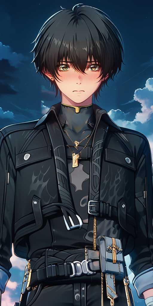 score_9,score_8_up,score_7_up,detailed face,1girl,black hair,short hair,pants,yellow eyes,long sleeves,blush,shy,looking at viewer,cloud,green eyes,blue eyes,jewelry,jacket,night sky,key,dog tags,upper body,<lora:é¸£æ½®ç·ä¸»Wuthering_Waves_Male_leading_role:1>,<lora:add-detail-xl:1>,