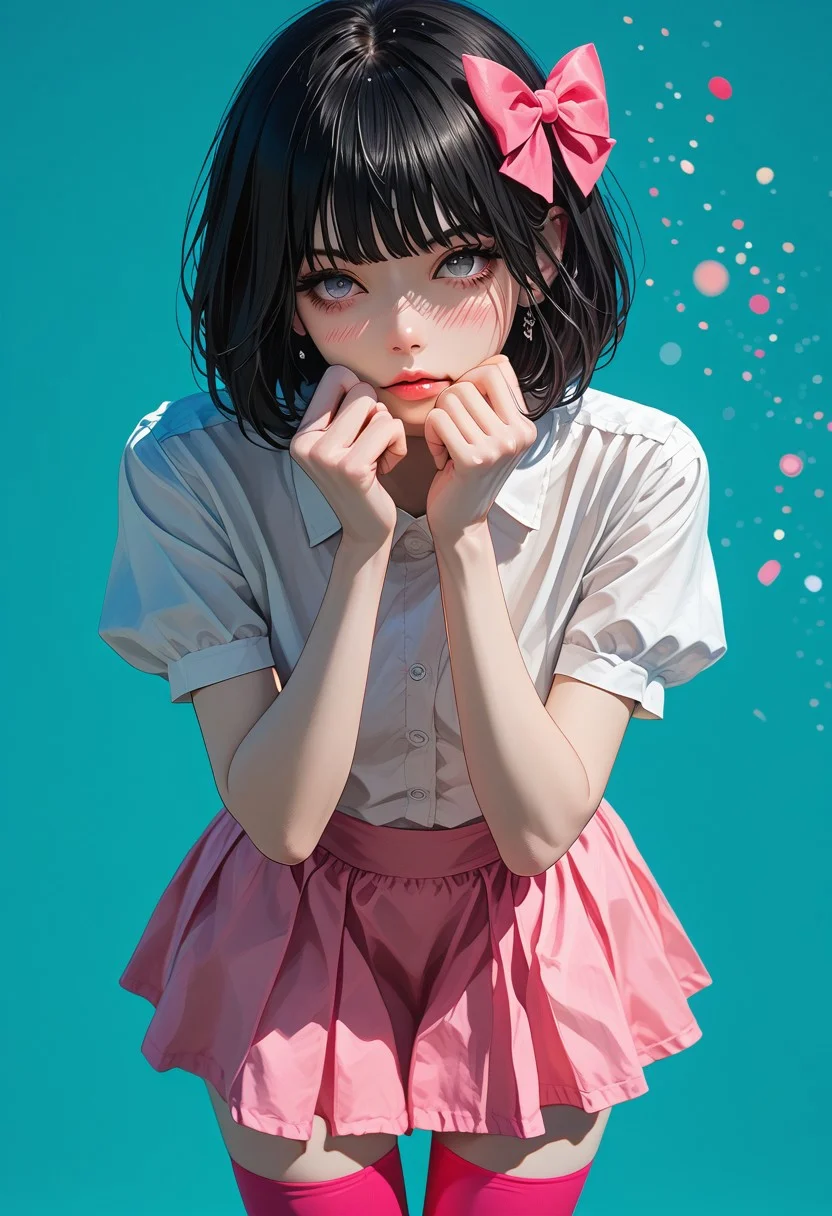 safe_Pos, score_9, score_8_up, score_7_up, Expressiveh, source_anime, s1_dram, uk1h4j1m3, g4n1m3, jsyu_style, IIIIIIIIIIIIIIIIIIIIIIIIIIIIIIIIIIIIIIII,
1girl, otoko no ko, short hair, bob cut hair, black hair, grey eyes, gray eyes, feminine face, toned body, Shelly, white blouse, pink mini skirt, pink mini-skirt, thighhighs, pink thighhighs, hair bow, highly detailed, intricate, cute pose, modelshoot, abstract background, cowboy shot, solo