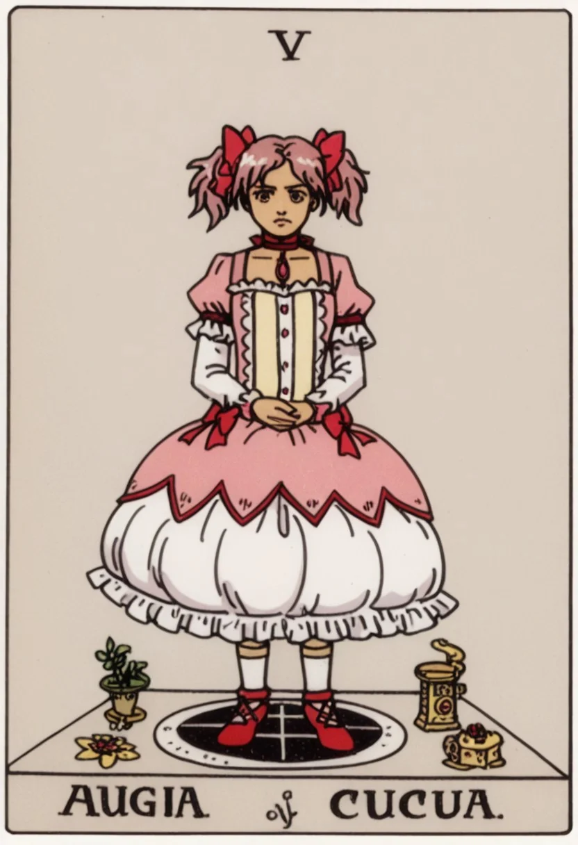 score_9, score_8_up, score_7_up,
muted colors, high contrast, whimsical, detailed, high-definition, intricate details,
solo, 1girl, full body,
Madoka Kaname, short pink hair, twin tails,
kanamemadokacosplay, kaname madoka \(cosplay\), chest jewel, dress, frilled dress, frills, magical girl, neck ribbon, pink dress, puffy short sleeves, puffy sleeves,
(magic:0.8), (occult:0.8), (symbolism:0.8), (mystic:0.8), (occultism:0.8),
tarot, "madoka"