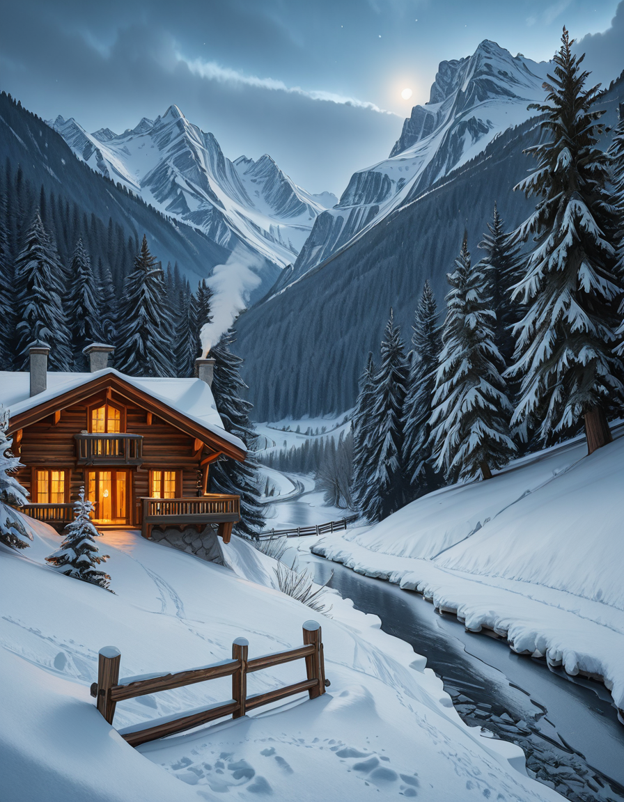 A stunning winter scene in the Tyrol region of Austria. A charming wooden chalet with traditional alpine architecture stands on a gentle snow-covered slope, surrounded by dense evergreen forests blanketed in fresh snow. The chaletâs warm interior lights glow softly through its large windows, creating a cozy contrast against the cool twilight hues of the sky. A plume of smoke drifts from the chimney, hinting at a roaring fireplace inside. In the foreground, a small wooden fence is partially buried under the snow, while a frozen river winds through the valley, reflecting the moonlight. Towering, snow-capped peaks of the Austrian Alps dominate the background, adding a breathtaking sense of grandeur. Snowflakes gently fall, adding movement and depth to the peaceful, picturesque scene. The image is hyper-realistic, capturing the intricate textures of the wood, snow, and ice, with cinematic lighting that highlights the magical winter ambiance.
<lora:SDXLFaeTastic2400:0.4> <lora:extremely_detailed:0.4> extremely detailed,winter scene in the Tyr0l, <lora:winter_scene_in_the_Tyr0l-i:1>, Masterpiece,best quality,hi res,8k,hi res,8k,award winning,(sharp focus, intricate, highly detailed),