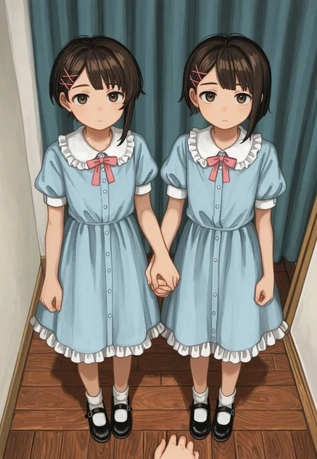 masterpiece,best quality,amazing quality,2girls, multiple girls, dual persona, brown hair, short hair, brown eyes, single sidelock, asymmetrical hair, expressionless, dress, blue dress, hair ornament, short sleeves, hairclip, puffy sleeves, puffy short sleeves, shoes, frills, looking at viewer, holding hands, standing, full body, from above, x hair ornament, wooden floor, black footwear, indoors, pink bow, closed mouth, curtains,horror (theme),MANUHAMU,