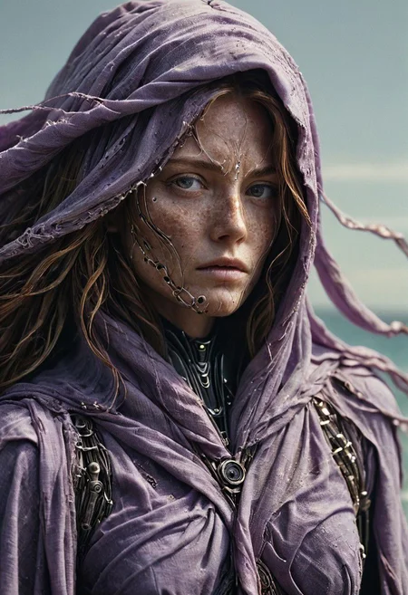 Super Closeup Portrait, Create a DARK dystopian description capturing the essence of a freckled cyborg Female feudal shinobi in a close-up photograph, featuring real human white-grey eyes with an intense gaze. The subject has long flowing hair, draped in a purple ghostly linen cloak billowing in the wind. The face is a striking fusion of half-cyborg with intricately crafted gold elements and half-human skin, creating a mesmerizing and enigmatic presence. standing at the ocean in bright sunlight, ethereal, sunray,
very detailed, atmospheric haze, Film grain, cinematic film still, shallow depth of field, highly detailed, high budget, cinemascope, moody, epic, OverallDetail, gorgeous, 2000s vintage RAW photo, photorealistic, candid camera, color graded cinematic, eye catchlights, atmospheric lighting, skin pores, imperfections, natural, shallow dof