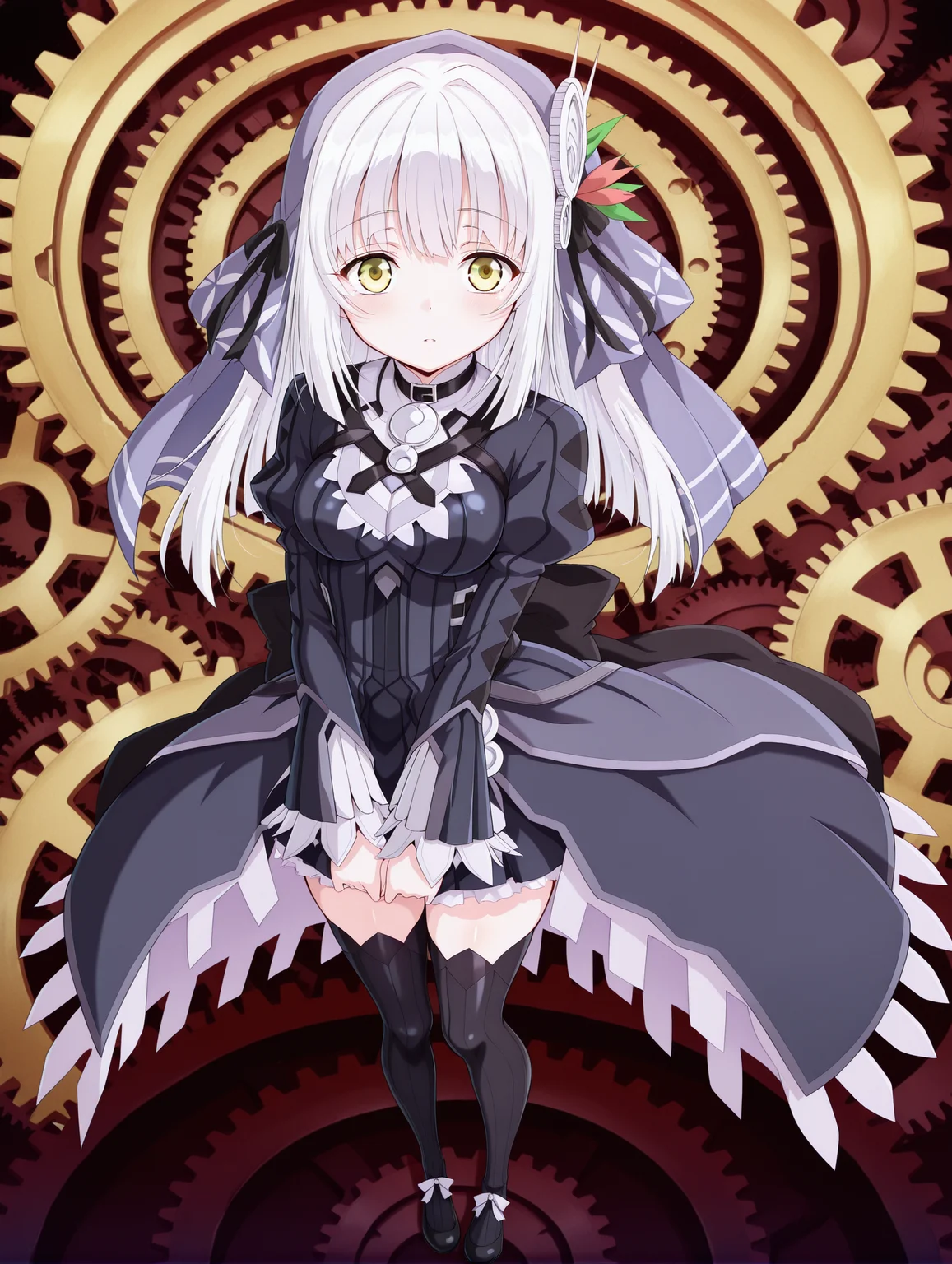 masterpiece,best quality,amazing quality, 1girl, ryuzu, long hair, yellow eyes, white hair, hair ornament, bangs, dress, ribbon, veil, hair ribbon, long sleeves, thighhighs, black thighhighs, black ribbon, zettai ryouiki, anime coloring, looking at viewer, full body, gears backgorund, <lora:RyuZU:1> <lora:restrained_by_ring:0.9>