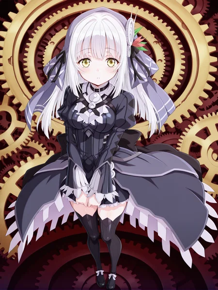 masterpiece,best quality,amazing quality, 1girl, ryuzu, long hair, yellow eyes, white hair, hair ornament, bangs, dress, ribbon, veil, hair ribbon, long sleeves, thighhighs, black thighhighs, black ribbon, zettai ryouiki, anime coloring, looking at viewer, full body, gears backgorund, <lora:RyuZU:1> <lora:restrained_by_ring:0.9>