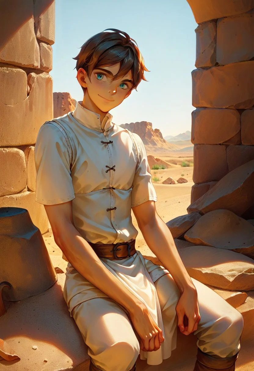 score_9, score_8_up, score_8_up, 1boy, handsome twink, (slim:1.2), masterpiece, brown hair, cyan eyes, medieval clothing, medieval pants, medieval shirt, detailed cloth clothing, detailed background, flat desert background, sandy desert, sitting on rock, seto, neutral expression, light smile, light tan