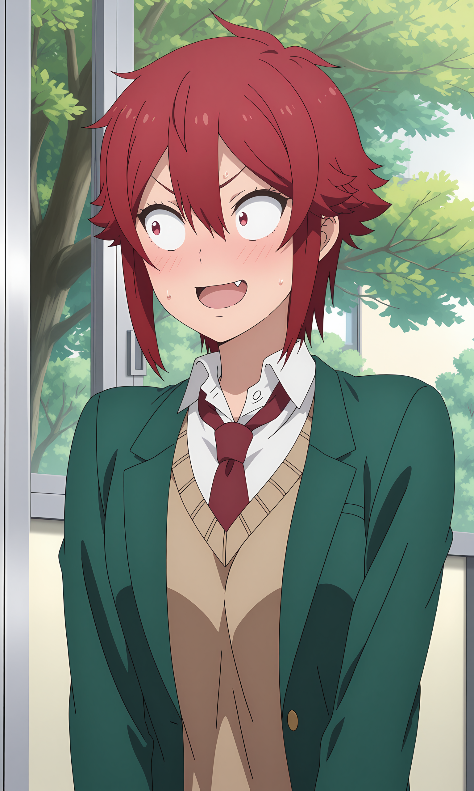 anime coloring, (anime screencap) masterpiece, detailed face,1girl,  <lora:Tomo_Aizawa:0.8>Tomo, solo, red hair, short hair, open mouth, fang, window, school uniform, sweatdrop, red eyes, jacket, tree, indoors, hair between eyes, upper body, sweater, shirt, long sleeves, surprised, blazer, green jacket, sweat, collared shirt, white shirt, cardigan, sanpaku, looking to the side, looking away, wide-eyed, bangs, constricted pupils, smile, sidelocks, v-shaped eyebrows, necktie, blush