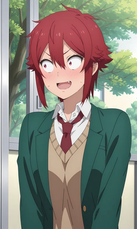 anime coloring, (anime screencap) masterpiece, detailed face,1girl,  <lora:Tomo_Aizawa:0.8>Tomo, solo, red hair, short hair, open mouth, fang, window, school uniform, sweatdrop, red eyes, jacket, tree, indoors, hair between eyes, upper body, sweater, shirt, long sleeves, surprised, blazer, green jacket, sweat, collared shirt, white shirt, cardigan, sanpaku, looking to the side, looking away, wide-eyed, bangs, constricted pupils, smile, sidelocks, v-shaped eyebrows, necktie, blush