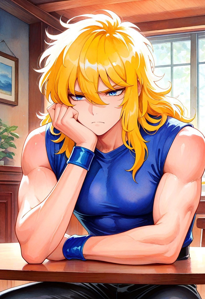 masterpiece, best quality, amazing quality, very aesthetic, absurdres, newest, cygnhyoplain, 1boy, blue eyes, slender figure, toned male, wavy blonde hair, blue sleeveless shirt, blue wristbands, black pants, indoors, table, sitting, elbow rest, furrowed brow, frown, rdf01, watercolor