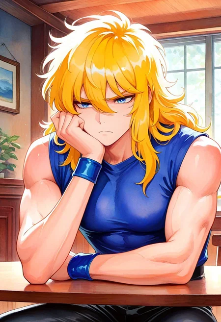masterpiece, best quality, amazing quality, very aesthetic, absurdres, newest, cygnhyoplain, 1boy, blue eyes, slender figure, toned male, wavy blonde hair, blue sleeveless shirt, blue wristbands, black pants, indoors, table, sitting, elbow rest, furrowed brow, frown, rdf01, watercolor