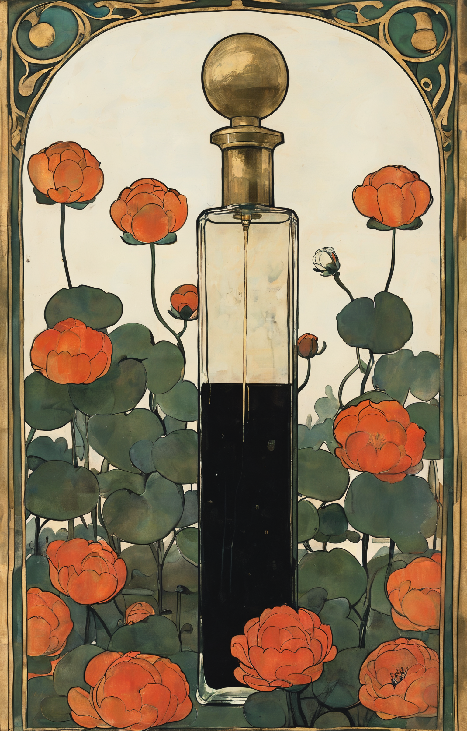 masterpiece,best quality,<lora:tbh269-sdxl:0.9>,illustration,style of Koloman Moser, A bottle of perfume in garden