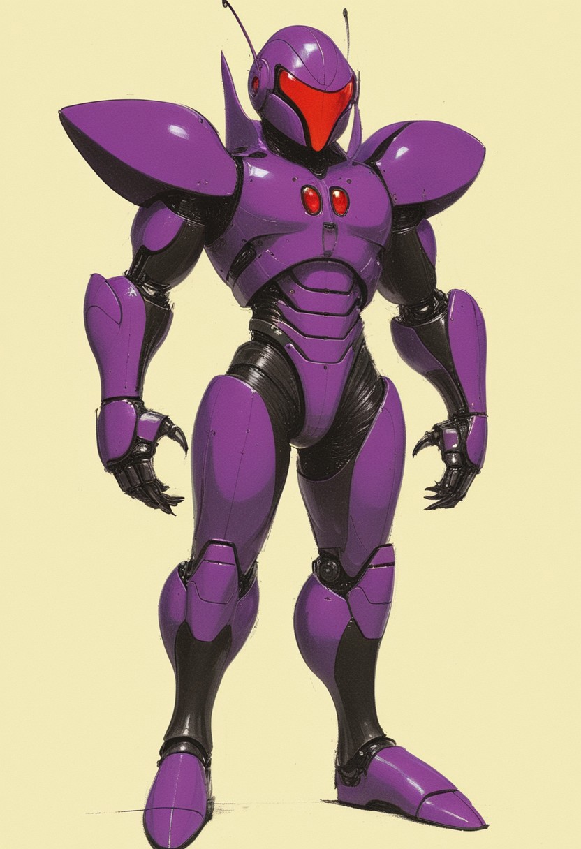 a realistic, detailed full-body 3D model of a slim humanoid bug hero inspired by classic Kamen Rider. The character has a rounded, insectoid helmet with large, textured red compound eyes and black antennae that curve backward, giving a sense of motion. His chest armor is a vibrant purple, segmented to emphasize musculature, with black accents. Angular purple shoulder plates add a heroic silhouette. He wears a utility belt with a central buckle featuring a red gem. The arms and legs are covered in purple and black segmented armor for an exoskeletal look, with knee guards and forearm plates. head to toe, concept art by syd mead, retro futuristic, flat colors