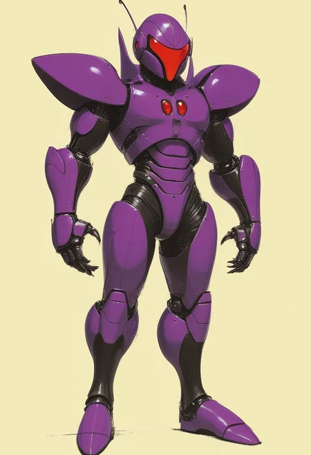 a realistic, detailed full-body 3D model of a slim humanoid bug hero inspired by classic Kamen Rider. The character has a rounded, insectoid helmet with large, textured red compound eyes and black antennae that curve backward, giving a sense of motion. His chest armor is a vibrant purple, segmented to emphasize musculature, with black accents. Angular purple shoulder plates add a heroic silhouette. He wears a utility belt with a central buckle featuring a red gem. The arms and legs are covered in purple and black segmented armor for an exoskeletal look, with knee guards and forearm plates. head to toe, concept art by syd mead, retro futuristic, flat colors