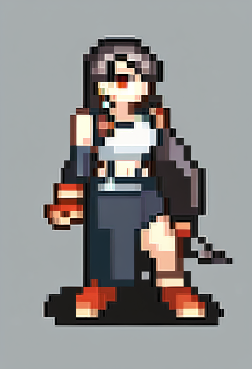 score_9, score_8_up, score_7_up, source_anime, BREAK, solo, 1girl, full body, standing,  <lora:FEGBA-SpritesV2-pdxl_Fp:1>, simple background, pixel art, <lora:tifa-pdxl-nvwls-v1:1>, defTif, red eyes, black hair, low-tied long hair, earrings, white sports bra, black suspenders, black miniskirt, arm warmers, black elbow gloves, elbow pads, red gloves, red footwear,