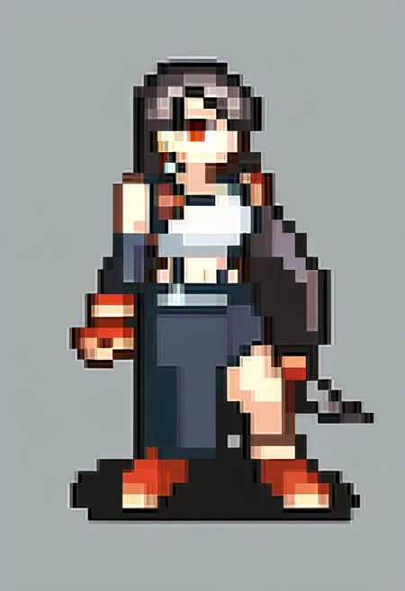 score_9, score_8_up, score_7_up, source_anime, BREAK, solo, 1girl, full body, standing, <lora:FEGBA-SpritesV2-pdxl_Fp:1>, simple background, pixel art, <lora:tifa-pdxl-nvwls-v1:1>, defTif, red eyes, black hair, low-tied long hair, earrings, white sports bra, black suspenders, black miniskirt, arm warmers, black elbow gloves, elbow pads, red gloves, red footwear,