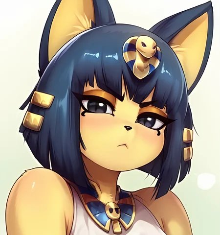 score_9, score_8_up, 1girl, solo, looking at viewer, short hair, bangs, simple background, black hair, hair ornament, white background, animal ears, blue hair, upper body, shiny, cat ears, blunt bangs, black eyes, shiny hair, gradient, gradient background, makeup, bob cut, cat girl, portrait, furry, eyeshadow, furry female, snake hair ornament, body fur, animal nose, striped tail, egyptian, yellow fur, yellow skin, unimpressed, low-angle view, <lora:AnkhaSpindles:0.7>