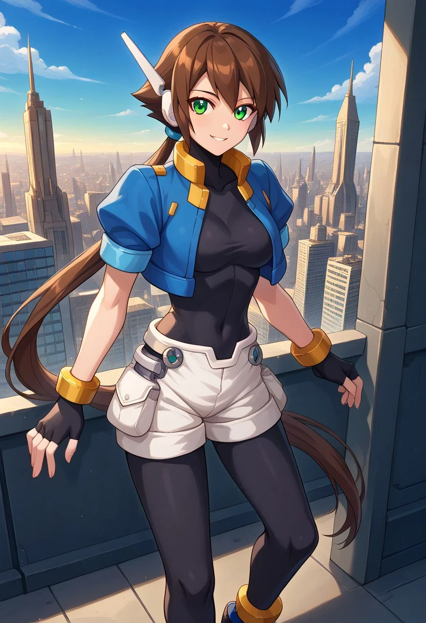 ng_deepnegative_v1_75t, score_9, score_8_up, score_7_up, source_anime, prefect lighting, very aesthetic, intricate details, highly detailed background, masterpiece, high quality, perfect, perfect hands, best quality, uncensored, nsfw, 1girl, solo, medium breasts, age progression, brown hair, long hair, low ponytail, green eyes, robot ears, hair ornament, black bodysuit, fingerless gloves, blue Cropped Jacket, cropped jacket, short sleeves, bracelet, shorts, anklet, shoes, blue footgear, gentle smile, looking at viewer, outdoors, cityscape, science fiction, blue sky, cowboy shot, Dutch angle