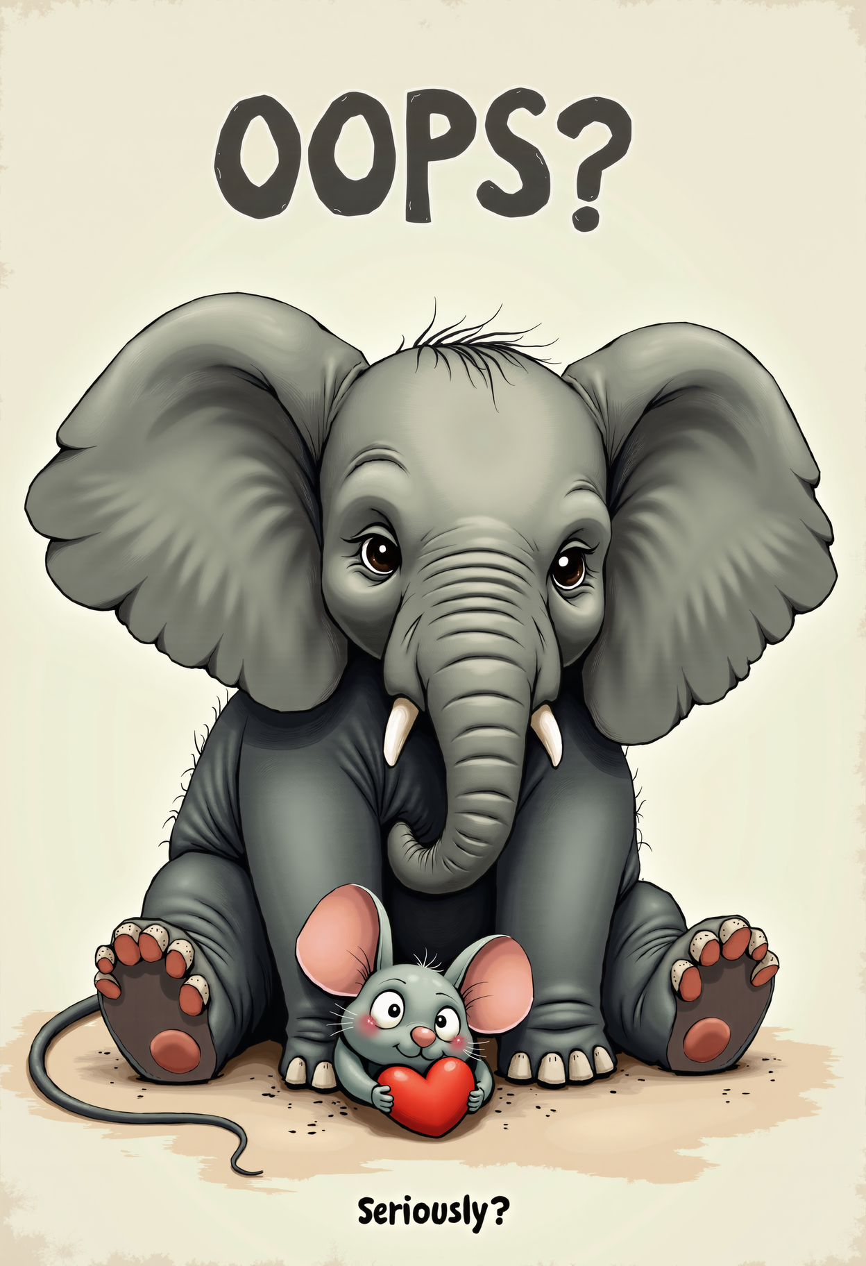 A large elephant sits on a mouse and says "OOPS?", the mouse is lying under the elephant on the ground, the mouse says "Seriously?". Tagline this 'Seriously?' in smaller, white font at the bottom. The mouse is crushed under the weight of the elephant, the mouse's eyes have popped out of their sockets, the mouse's arms are spread wide apart, and in front of them lies a little red heart.