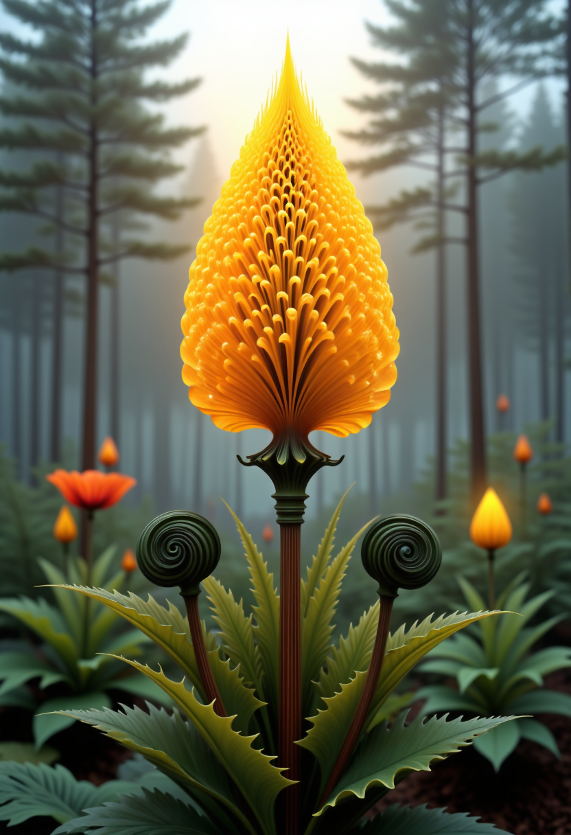 ((wide shot)) , A ((bright golden seed pod)), from a wild poppy, Rococo over the top leaves, curled dark green with a brown stem in a forest clearing at sun rise. The fog is swirling thriugh the trees in the background. colored pencil, water color, a digital rendering, rococo, absurdres, highres,ultra detailed, light manipulation, photo manipulation, altered realities, fantastical scenes, digital artistry, striking visuals.  fractangles <lora:Epic_gorgeous_Details_2-Flux:0.6> <lora:Fractangles_Flux:0.3> <lora:Realism-lora-Flux:0.6> <lora:Dark_Dreams_in_Flux:0.65>
