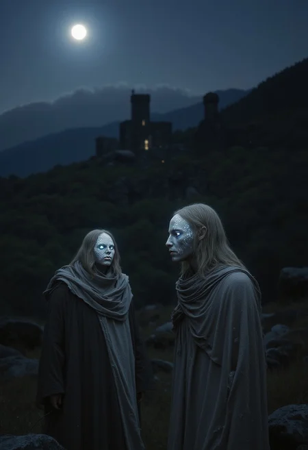 Ethereal humanoid figure with translucent pale skin that shimmers in moonlight, abnormally large reflective blue eyes adapted for night vision, Covered in shadows, stocky build, light blonde hair. Dressed in simple clothing, standing near ancient stone fortress ruins in Appalachian mountains. Nocturnal being who retreats from sunlight. Medieval fantasy style, mystical atmosphere, moonlit scene, in the style of ck-ncr,