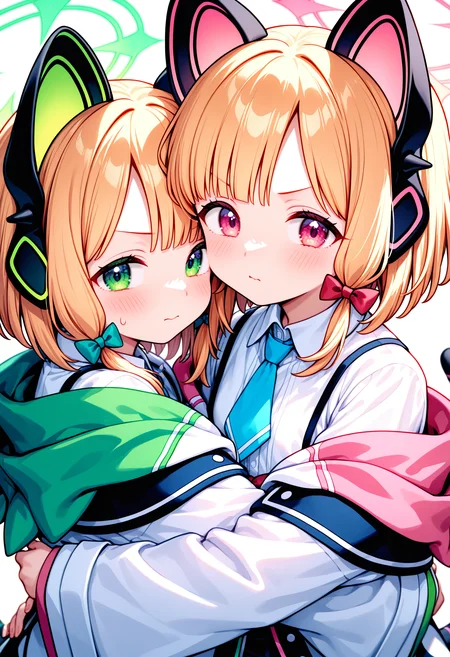 very awa, worst aesthetic,
masterpiece, best quality, newest, absurdres, highres,
2girls,
BREAK,
<lora:rene_style2_illustrious:0.5>,
<lora:rin2_illustrious:0.5>,
<lora:sdxl_enhance:1.5>,
<lora:cfg_scale_boost:0.7>,
<lora:noobai_ep11_stabilizer_v0.58_fp16:0.8>,
BREAK,
midori \(blue archive\), momoi \(blue archive\), hug, shy, v-shaped eyebrows,
