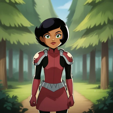 score_9_up, score_8_up, BREAK, Megan, 1girl, solo, black hair, short hair, green eyes, dark skin, lipstick, bodysuit, shoulder pads, armor, skirt, cowboy shot, <lora:Megan_SpieZ_PXL_Leaf4:1>, outdoors, depth of field, looking at viewer, forest,