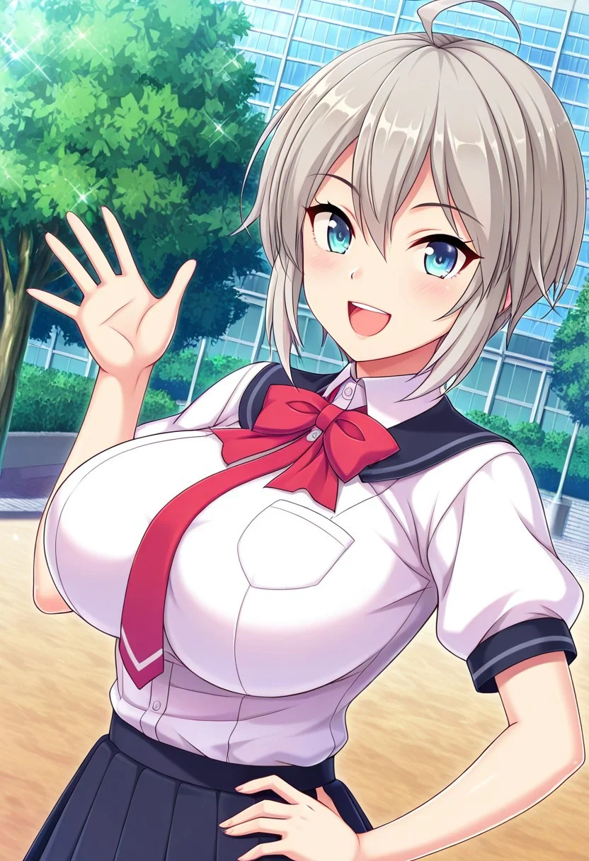 general,highres, ultra-detailed,very aesthetic,best quality ,best hands,best eyes,easynegative,
dynamic anglre, dutch angle, anime cloring,anime screencap,
1girl solo,looking at viewer,school, outdoors, smile,open mouth, smile,waving hand, hand on hip, 
Belka Valentina,grey hair, short_hair, ahoge, blue_eyes, huge_breasts,school uniform,