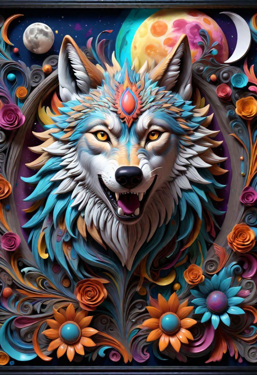 vivid colorful realms of your mind, abstract details fall apon a wolf that howls to the moon, distinctive visuals, Full 3D, Intricate, sharp details, UHD, (3D Framed, Flowers)
