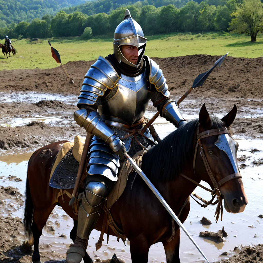 sfw, masterpiece, best quality,absurderes, <lora:AnirealismXL:0.9>,anireal, a knight wearing armor and a helmet and riding a horse while carrying a lance on a muddy battlefield strewn with arrows,male focus,1boy,1horse,outdoors