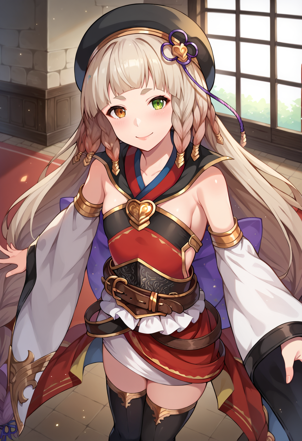 score_9, score_7_up, hd, (ultra hd quality details), source_anime, indoors,
solo, 1girl, gbfpholia, erune, brown eyes, green eyes, heterochromia,
phldef, multiple braids, beret, armored dress, bare shoulders, detached sleeves, belt, wide sleeves, belt, white skirt, black thighhighs,
looking at viewer, blush, smile, 
from above, wariza,
<lora:_pholia_gbf-elesico-ponyC:1>
