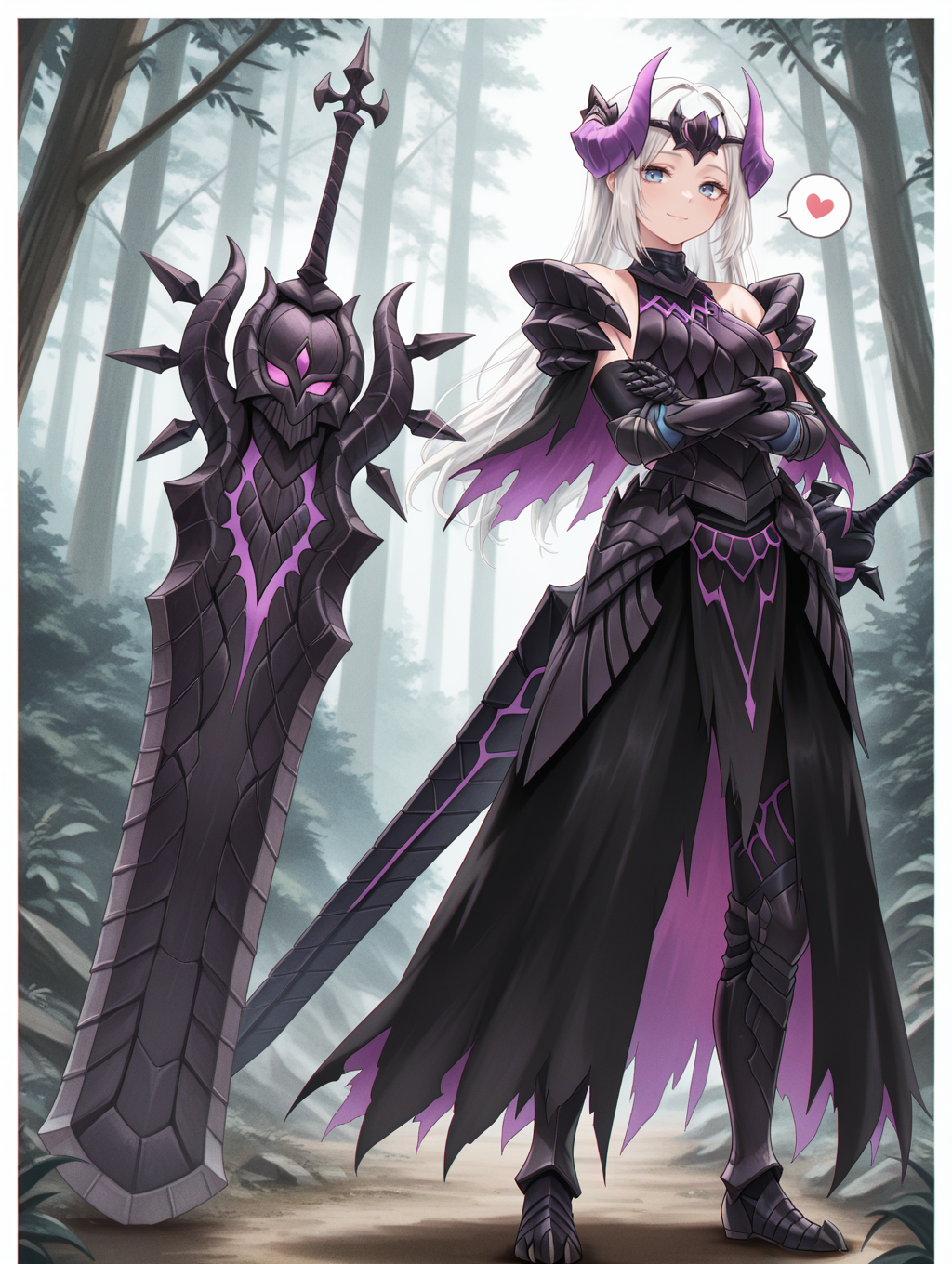 gore magala armor,1girl,solo,white hair,blue eyes,long hair,hand on hip,looking at viewer,standing,full body,closed mouth,smile,black greatsword,weapon on back,purple horn ornament,black cape,black breastplate,black armored gloves,black shoulder armor,black armored dress,forest,spoken heart,white border,cropped torso,upper body,crossed arms,closed mouth,
masterpiece,best quality,amazing quality,very aesthetic,apussbsurdres,newest,<lora:Gore Magala armor illuXL v1.2:0.75>,