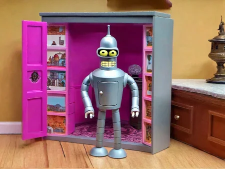 ((A Barbie Doll  in a doll house)) benderbot <lora:SDXL-benderbot-Lora:1.0>, very detailed, clean, high quality, sharp image