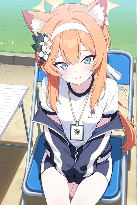 anime_screencap, masterpiece,best quality,amazing quality, highres, 1girl, solo, Mari_(Track)_(Blue_Archive), blue_eyes, orange_hair, braid, small_breasts, long_hair, halo, hair_flower, animal_ear_fluff, gym_shorts, blue_shorts, track_jacket, blue_jacket, white_hairband, outdoors, sitting, folding_chair, sweat, off_shoulder,open_jacket, white_shirt, id_card, looking_at_viewer, hands_between_legs, closed_mouth,