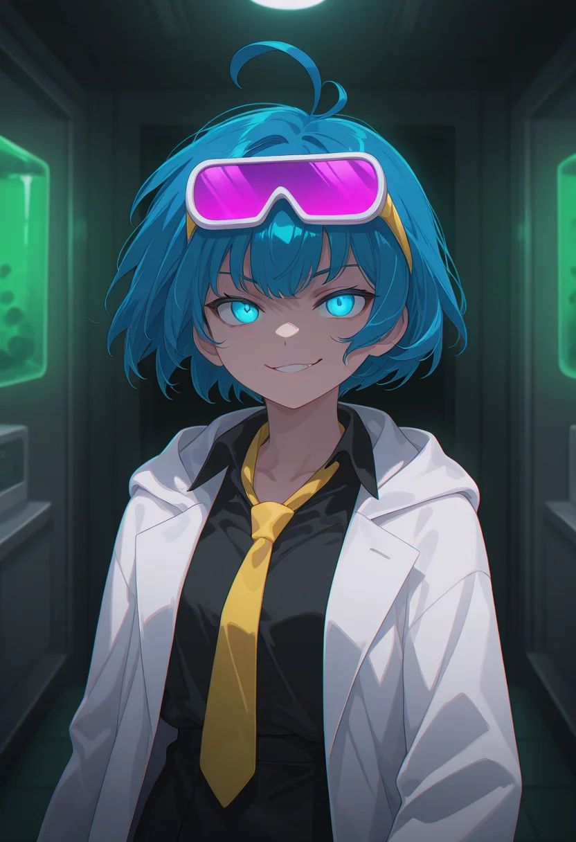 deep contrast, luminous lighting, cinematic ambiance, best quality, colorful, masterpiece, detailed_background,
<lora:sk-alchemist-v2-09:0.8> sk-aellie, 1girl, blue hair, young, blue eyes, upper body,
googles on head, yellow necktie, white lab_coat, black shirt, solo, smirk, horror \(theme\), glowing eyes, laboratory,