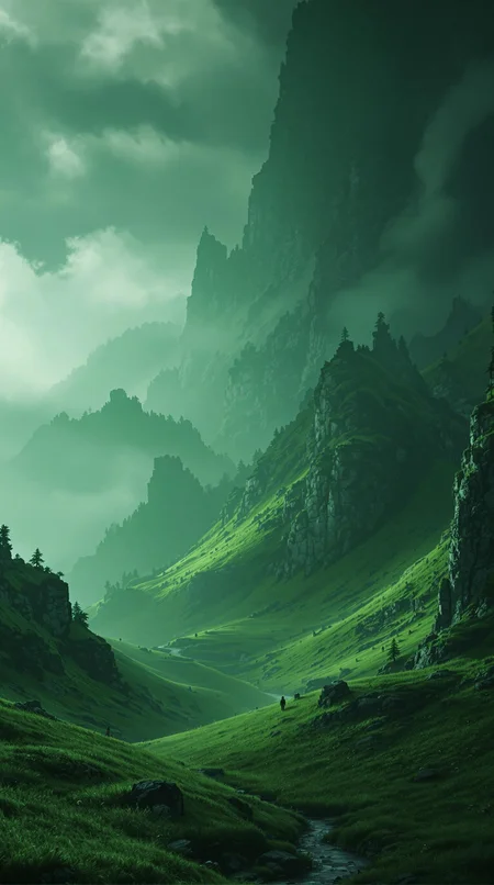 ((Green)): A hauntingly stunning landscape, perfect for a desktop wallpaper. Soft, muted tones dominate the palette, with unusual dark hues and faded colors blending seamlessly together. Atmospheric haze lingers, adding to the drama. Cinematic lighting casts long shadows, emphasizing every detail. Film grain texture adds depth, while professional composition guides the viewer's eye. Fine details are meticulously rendered, showcasing maximum level of detail. This masterpiece is a true work of art, boasting extreme precision and best-in-class quality.