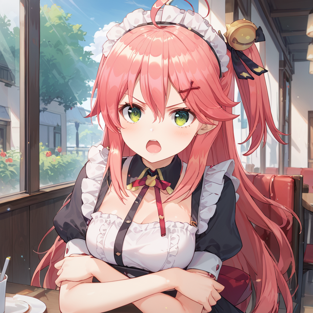 score_9,score_8_up,score_7_up,source_anime,high res image,masterpiece,best quality,woman,cute face,clear skin,shiny hair,ultra detailed eyes,1girl,<lora:Sakura_Miko_ãããã¿ã_hololiveVtube-000004:0.8>,Miko_nml,pink hair,pink hair,ahoge,long hair,one side up,angry,open mouth,looking at viewer,cowboy shot,crossed arms,maid,cafe,<lora:cnv3mdde878c738thn20:0.8>,