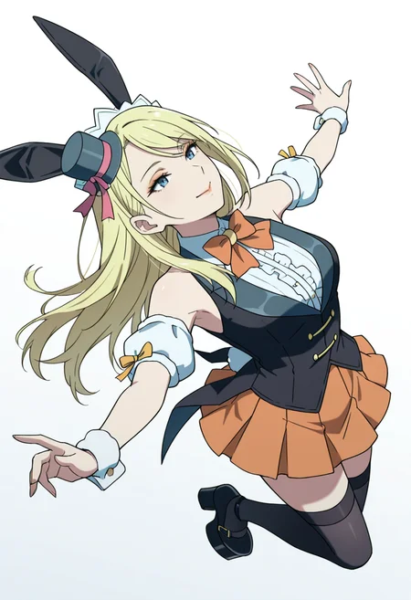 Smooth Quality,masterpiece,very intricate, high quality details, ultra realistic, high detailed skin,detailed enviorement,absurdres,
 <lora:Moonbeams_Manager_CNR:0.7> moonbear_cnr, 1girl,blonde hair, long hair, blue eyes,rabbit ears, fake animal ears, bare shoulders, makeup, lipstick, mini top hat, black vest, shirt,puffy short sleeves, detached sleeves, wrist cuffs,orange pleated skirt, black thighhighs, frills,bowtie, platform footwear,, simple background, white background, dynamic angle,solo,
jumping, arms open, legs bent, smiling, midair,  ,, :>=,