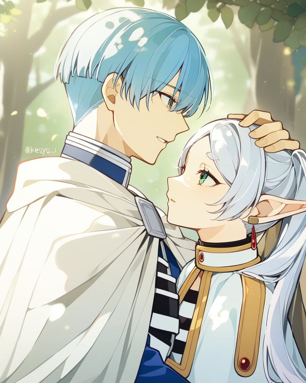 masterpiece,best quality,<lora:fulilaim_all-000020:1>,1boy, 1girl, frieren, himmel \(sousou no frieren\), outdoors, upper body, eye contact, light blue hair, cape, capelet, earrings, dappled sunlight, day, hand on another's head, kesyeru, sousou no frieren, twitter username, watermark