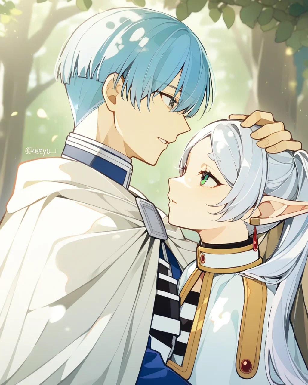 masterpiece,best quality,<lora:fulilaim_all-000020:1>,1boy, 1girl, frieren, himmel \(sousou no frieren\), outdoors, upper body, eye contact, light blue hair, cape, capelet, earrings, dappled sunlight, day, hand on another's head, kesyeru, sousou no frieren, twitter username, watermark