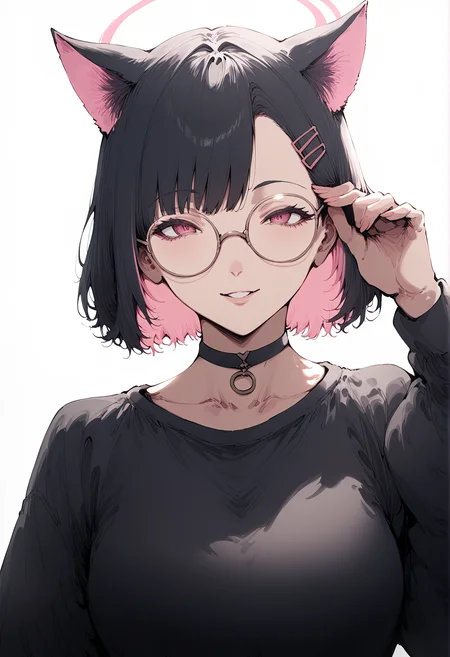 score_9, score_8_up, score_7_up, score_6_up, source_anime, <lora:ALH 0.1v:1>,
1girl, solo, animal ears, glasses, colored inner hair, choker, black hair, pink hair, black choker, round eyewear, hair ornament, multicolored hair, halo, short hair, looking at viewer, white background, cat ears, simple background, hairclip, long sleeves, bangs, adjusting eyewear, portrait, pink eyes, two-tone hair, extra ears, red eyes, black shirt, smile, shirt, parted lips, upper body,