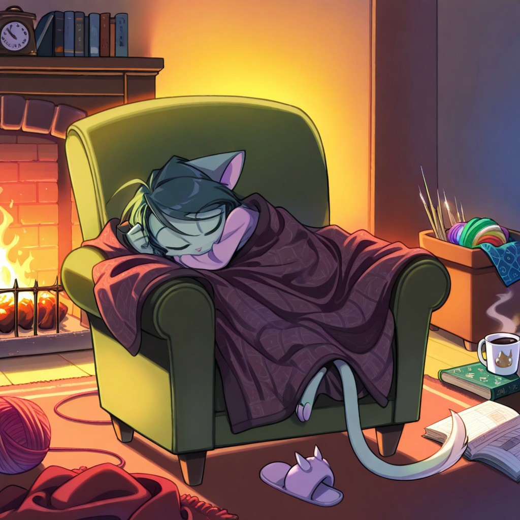 score_9, score_8_up, score_7_up,lilith_calah,
1girl,solo,furry,tail,dark green hair, source_furry,
 ,<lora:lilith_calah_illustrious:0.8>,
child, kid,
knitting_needles, yarn_ball, blanket, armchair, fireplace, slippers, wool, pattern_book, A cozy evening by a crackling fireplace, someone curled up in an armchair, needles clicking as they knit rows of a soft blanket. Yarn roll slightly on the floor, a coffee mug steams on a side table, and a pattern book lies open nearby