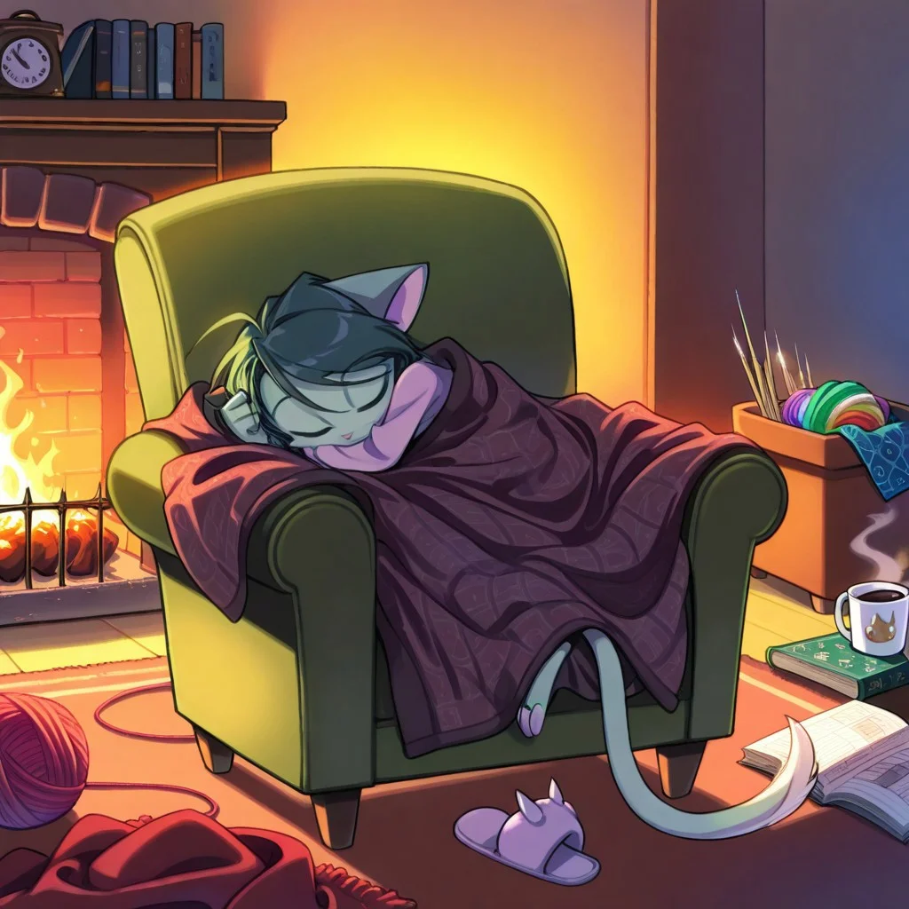 score_9, score_8_up, score_7_up,lilith_calah,
1girl,solo,furry,tail,dark green hair, source_furry,
,<lora:lilith_calah_illustrious:0.8>,
child, kid,
knitting_needles, yarn_ball, blanket, armchair, fireplace, slippers, wool, pattern_book, A cozy evening by a crackling fireplace, someone curled up in an armchair, needles clicking as they knit rows of a soft blanket. Yarn roll slightly on the floor, a coffee mug steams on a side table, and a pattern book lies open nearby