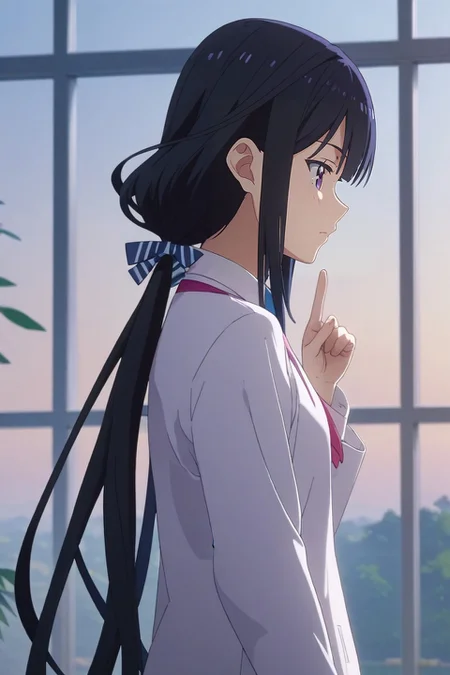 score_9, score_8_up, score_7_up, source_anime, rating_safe, intricate details, (3d:0.4), , , 1girl, solo, <lora:aki_adagaki_pony:1>, aki_adagaki, black hair, purple eyes, long hair, bangs, twintails, low twintails, bow, profile, skytree, dawn, index finger raised, distracted, aloof, oblivious, , <lora:sdxl_lightning_8step_lora:1>