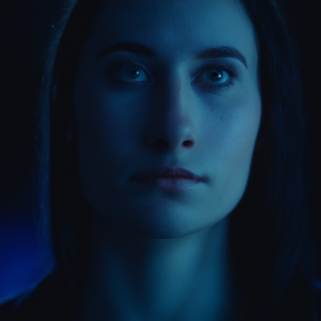 cinematic film still of  <lora:Cool Lighting Style:1> Cool Lighting Style
blue cool light,a woman with a dark hair and a blue light,cool lighting style,1girl,solo,looking at viewer,blue eyes,black hair,hair ornament,parted lips,teeth,hairclip,lips,portrait,freckles,realistic,nose , 5600k, blue color, blue color, cool color, blue color, white color, shallow depth of field, vignette, highly detailed, high budget, bokeh, cinemascope, moody, epic, gorgeous, film grain, grainy