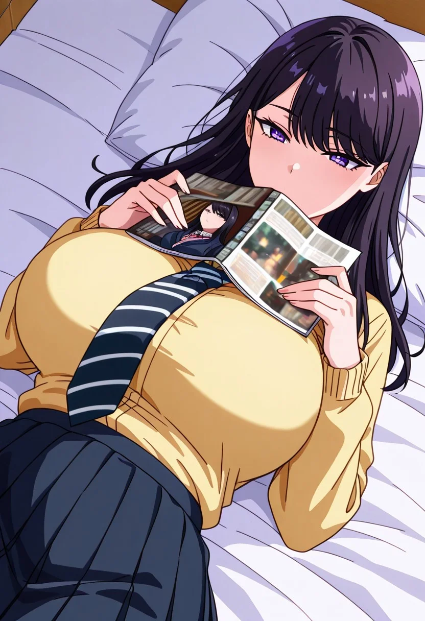 general,highres, ultra-detailed,very aesthetic,best quality ,best hands,best eyes,easynegative,
dynamic anglre, dutch angle, anime cloring,
1girl solo,lying on bed, bedroom, reading comic,cowboy shot,
Kurodasan,black_hair, long_hair, purple eyes, huge_breasts,school uniform,