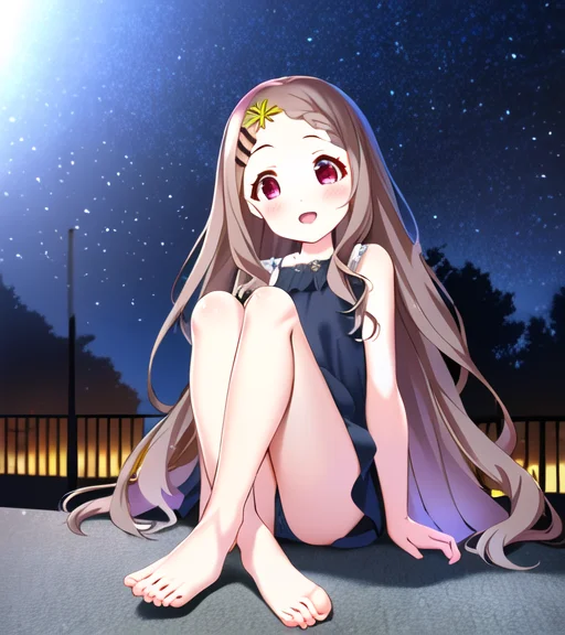(AobaKokona: 1.1), fanart, (style of mignon:1.1), 1girl presenting (legs, perfectly drawn ((detailed barefoot)), and hands) with detailed face beautiful eyes sitting outdoors at night , 8K wallpaper, anime coloring